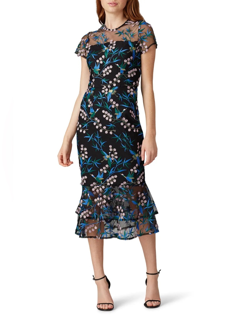 Vone Floral Embroidered Black Mesh Midi Rylee Dress - Size 6